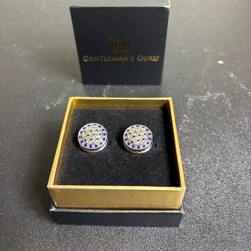 GENTLEMAN'S GURU Silver Plated Blue Crystal Cuff Links